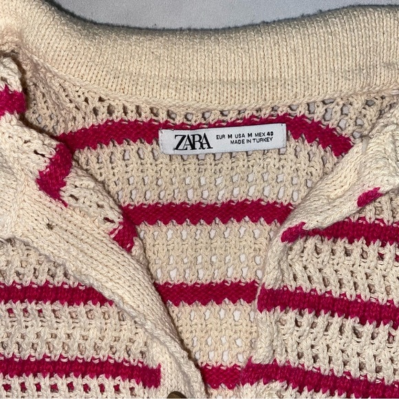 Zara Women's Pink and White Striped Crocheted Button Up Top Size Medium Y2K - Picture 4 of 8